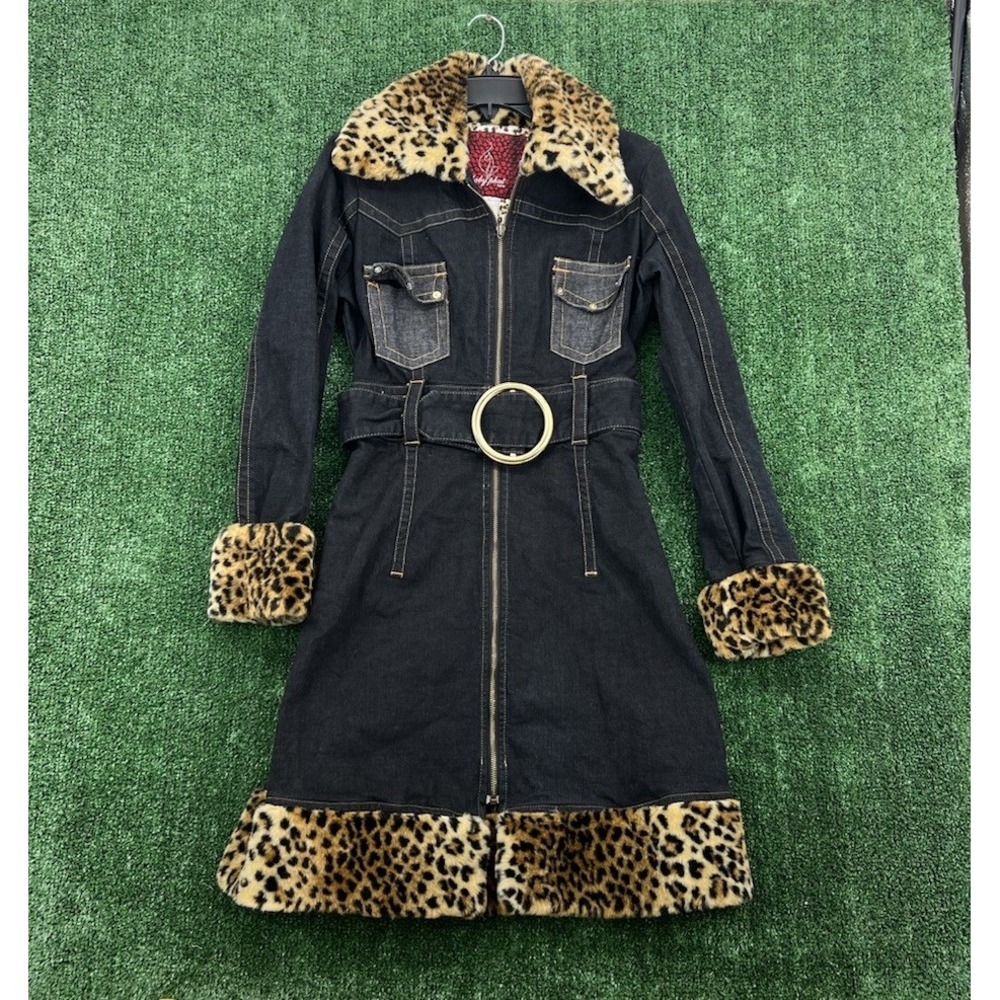 Rare Vintage Baby Phat Trench Coat Women's size Med Black Denim w Faux Fur